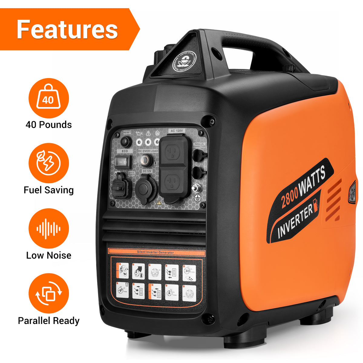 2800-Watts Portable Inverter Generator, Gas Generators for Camping
