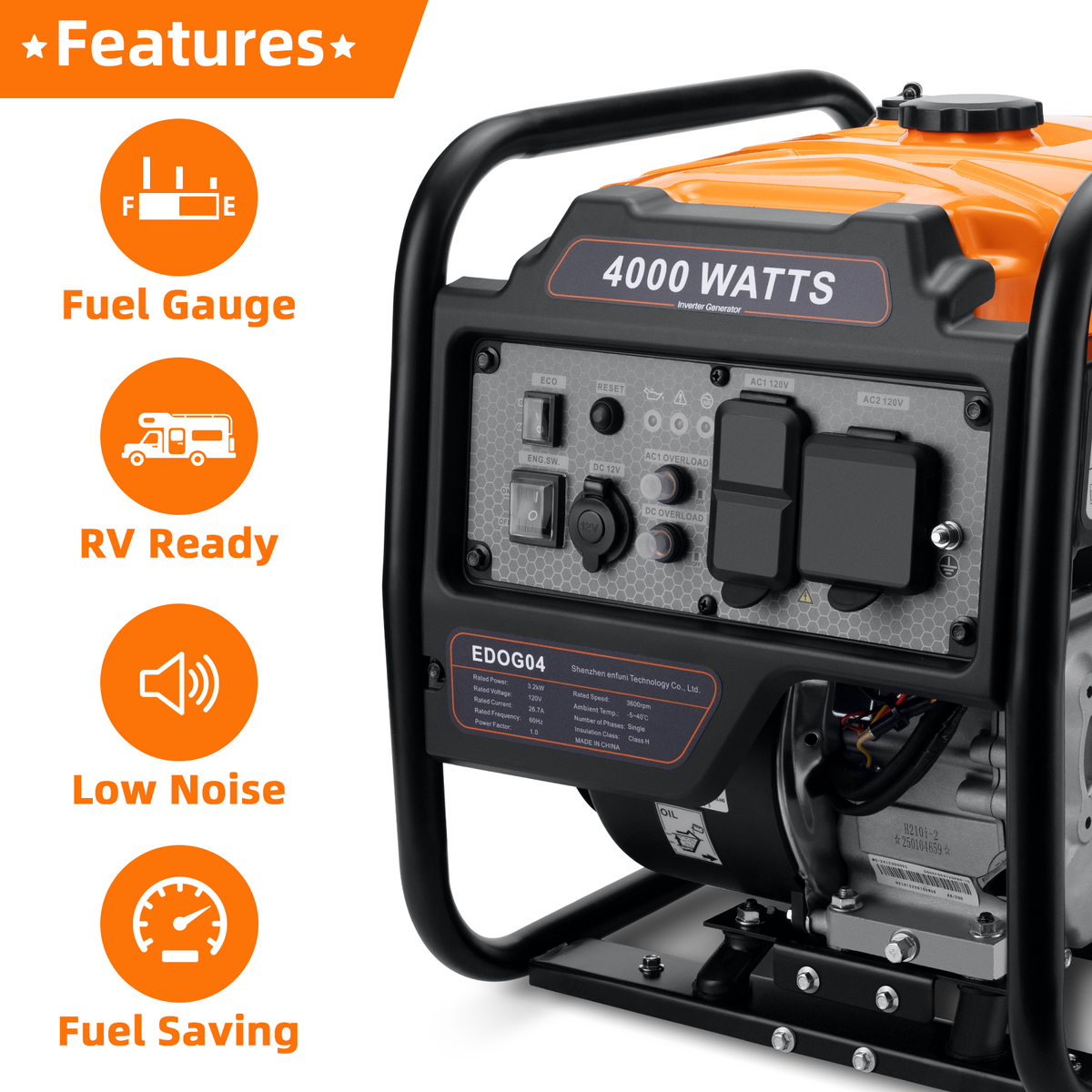4000 Watts Inverter Generator Gas Powered, Portable Open Frame Generator