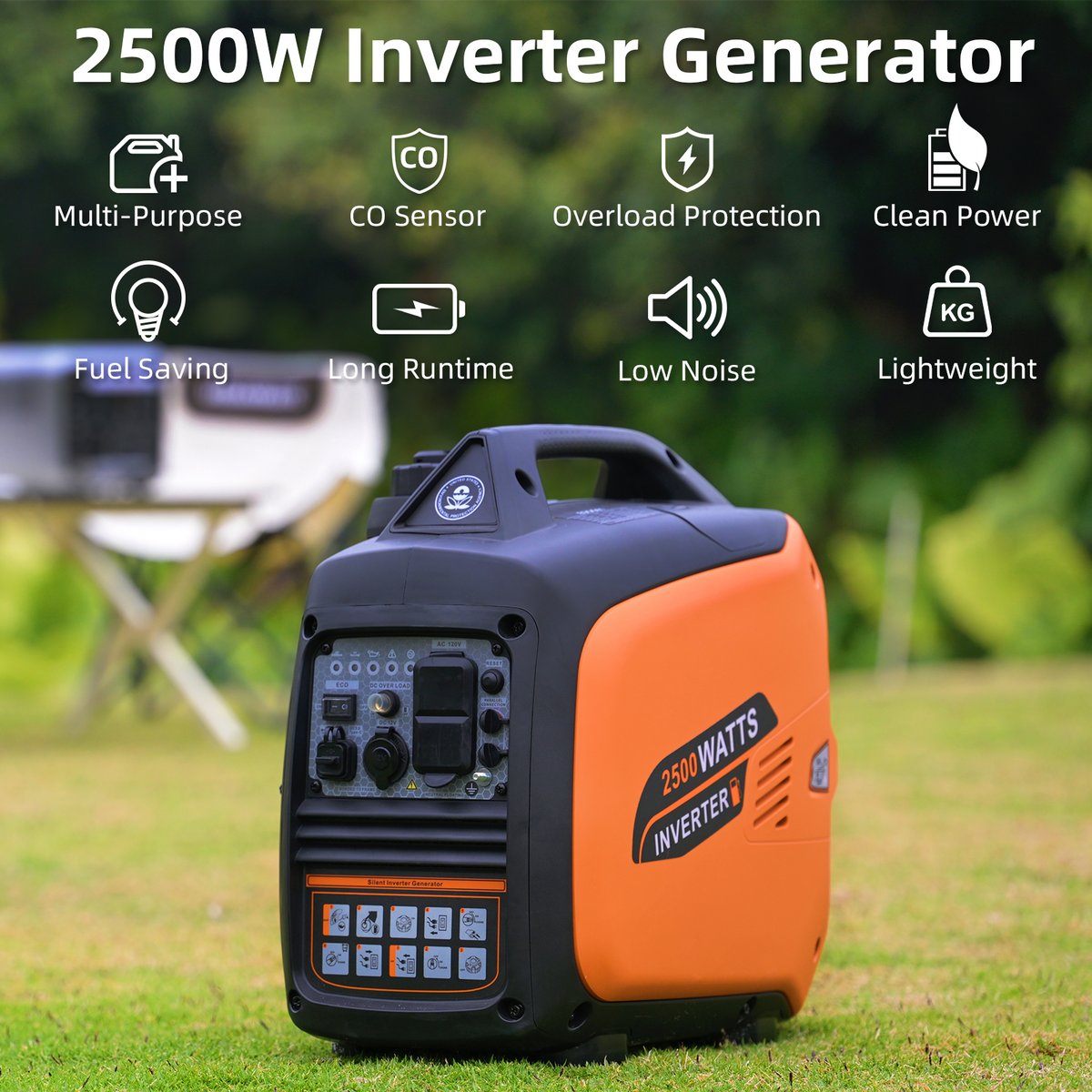 2500W Portable Inverter Generator, Gas Powered, Super Quiet Emergency Home Backup, with CO Sensor