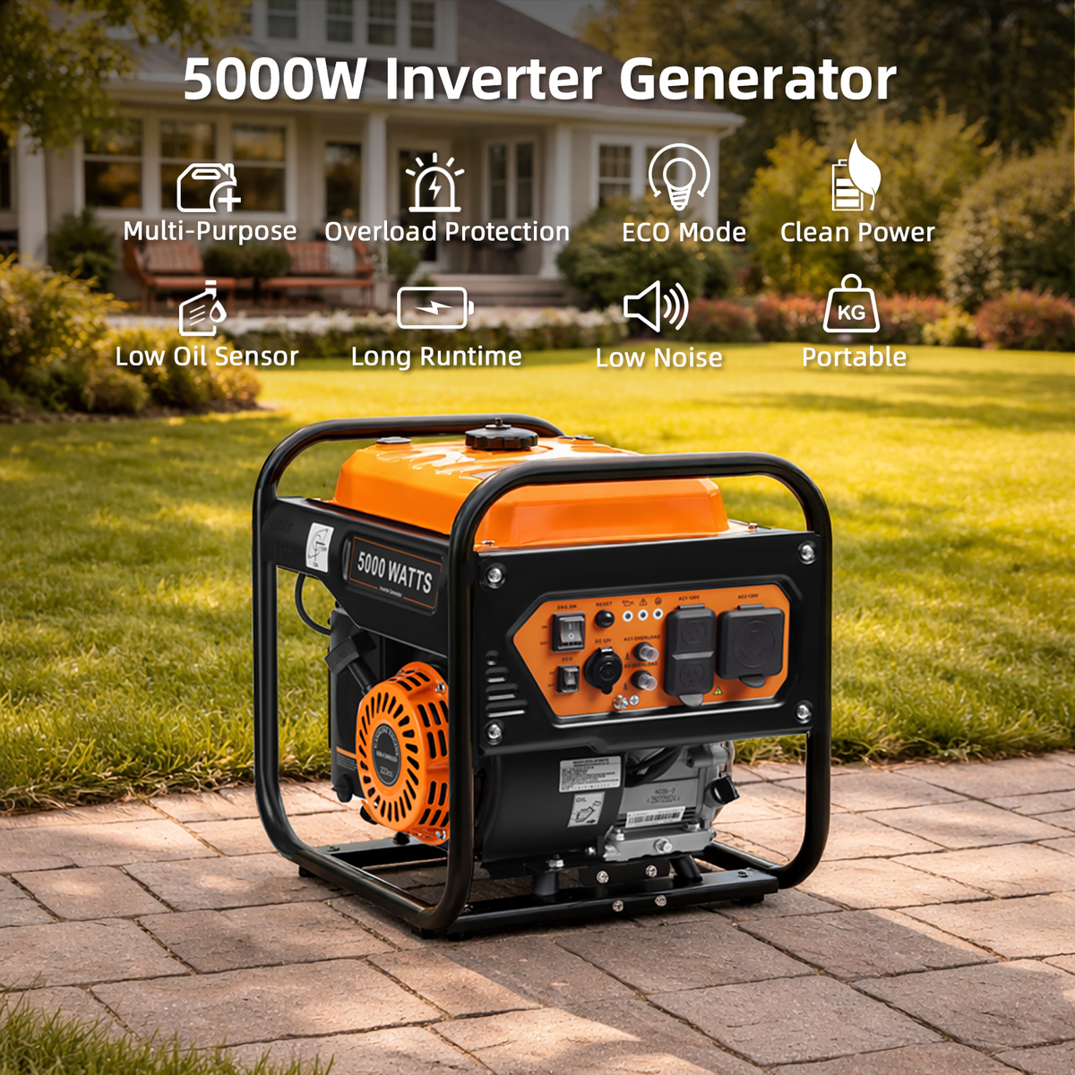 5000-Watts Portable Inverter Generator, Gas Generator for Home Backup, 30A Outlet