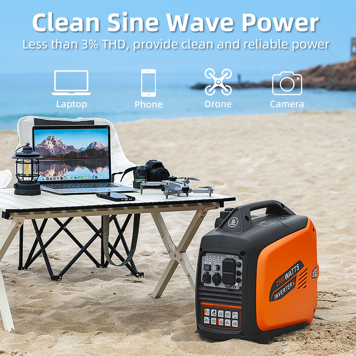 2500W Portable Inverter Generator, Gas Powered, Super Quiet Emergency Home Backup, with CO Sensor