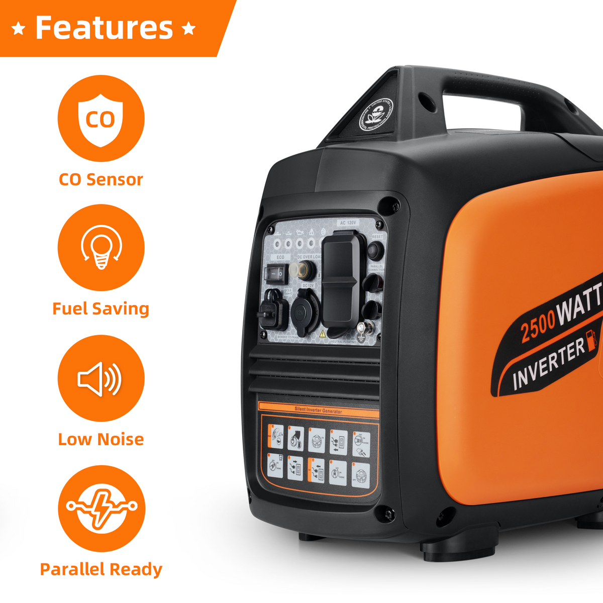 2500W Portable Inverter Generator, Gas Powered, Super Quiet Emergency Home Backup, with CO Sensor