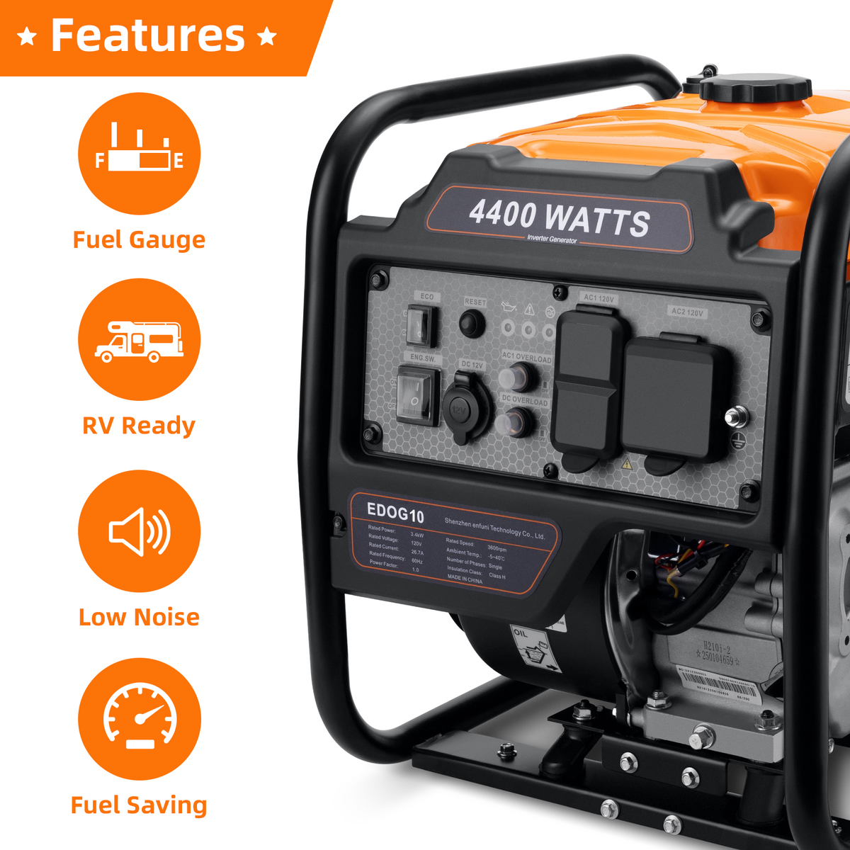 4400 Watts Inverter Generator Gas Powered, Portable Open Frame Generator
