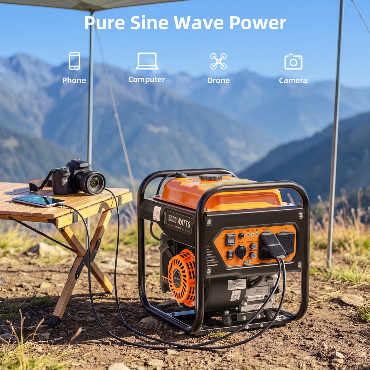 5000-Watts Portable Inverter Generator, Gas Generator for Home Backup, 30A Outlet